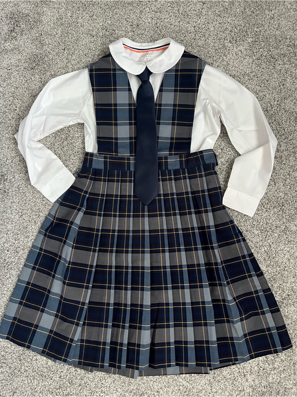 French Toast Navy and Gray Plaid School Jumper with White Shirt and Navy Tie